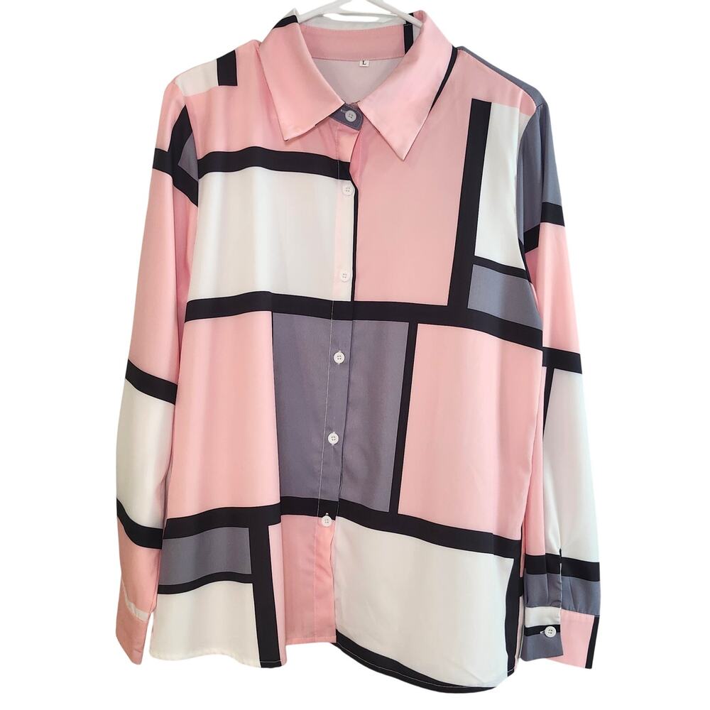 Women's Geometric Buttoned Shirt Pink Black & White, Size L